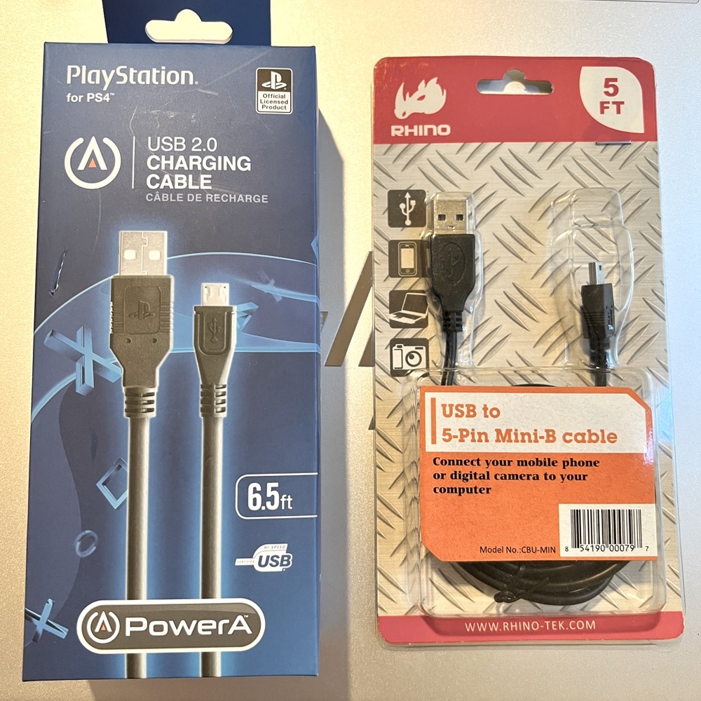 Lot of 2: RHINO Usb to 5-Pin Mini -B Cable (5ft) & USB Cable for Playstation NEW